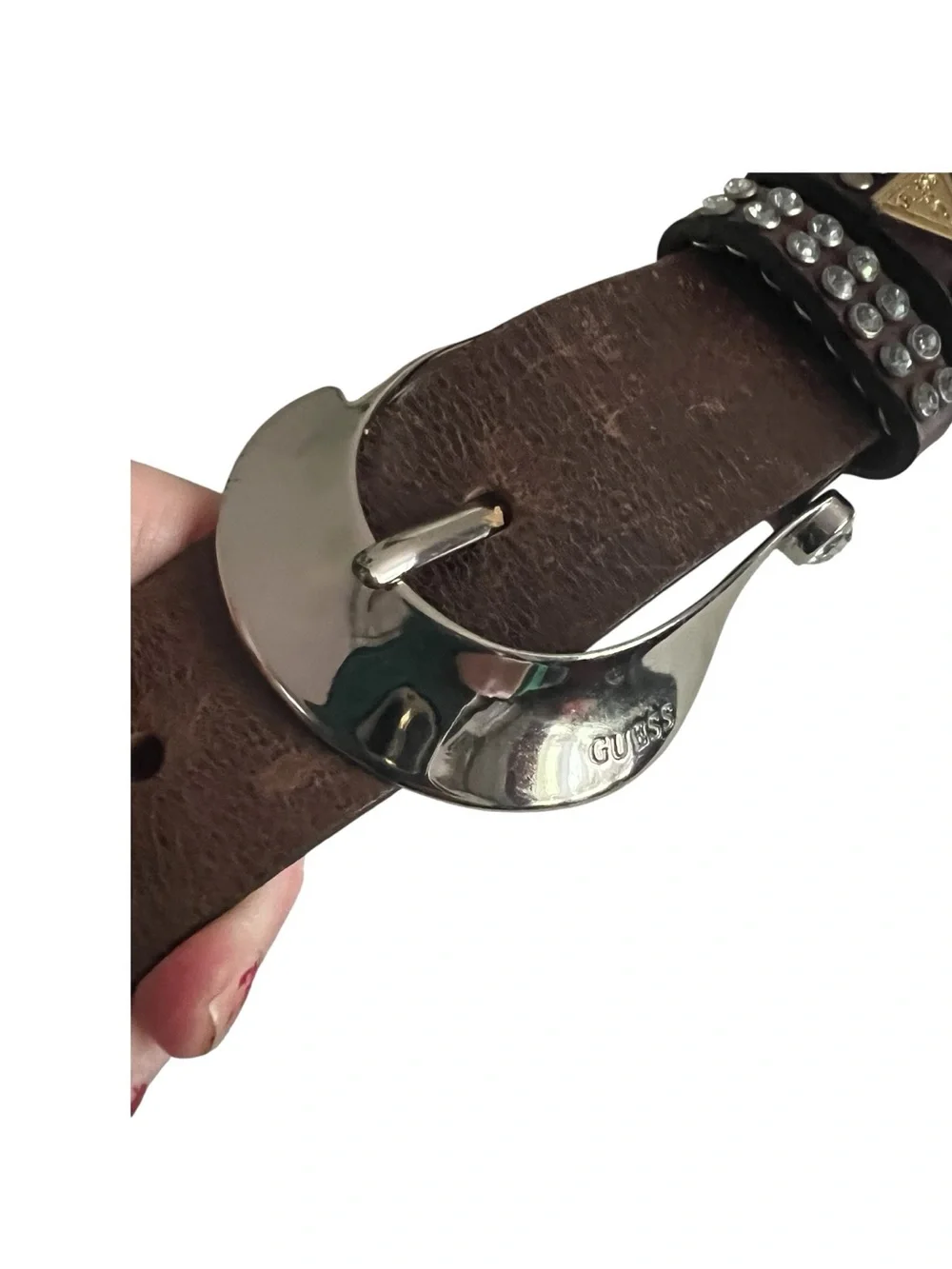 Y2K Guess Rhinestone and Studded embellishment Leather logo plague belt.SZ.L